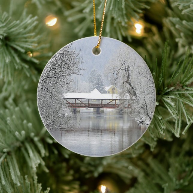 Covered Bridge Snow Photo Ceramic Ornament (Tree)