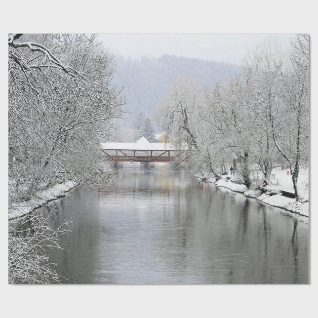 Covered Bridge Snow Photo Wrapping Paper (Flat)