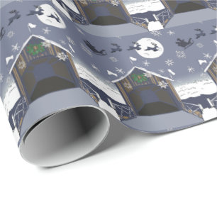 Covered Bridge with Santa and Reindeer Wrapping Paper