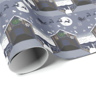Covered Bridge with Santa and Reindeer Wrapping Paper