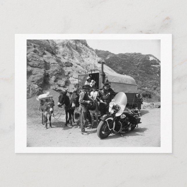 Covered Wagon, Motorcycle Cop, 1951 Vintage Postcard (Front)