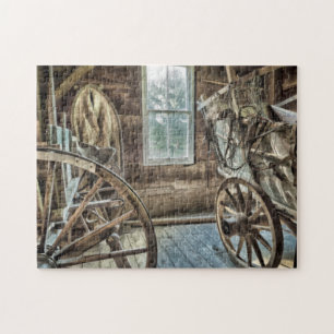 Covered wagon, wooden wagon wheel jigsaw puzzle