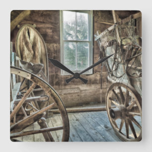 Covered wagon, wooden wagon wheel square wall clock