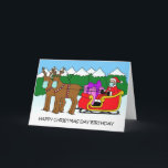 Covid 19 Christmas Day Birthday Santa and Sleigh Card<br><div class="desc">A cartoon of Santa and his reindeers wearing facemasks. Beside Santa is a large birthday gift. The image is accompanied by the words 'Happy Christmas Day Birthday'.</div>
