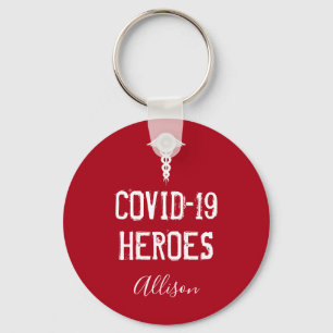 Covid 19 Heroes Red White Caduceus Personalized Key Ring