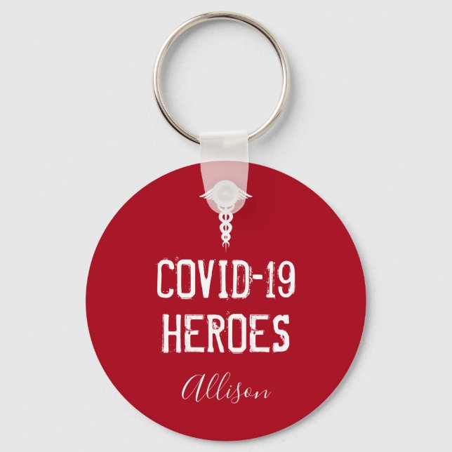 Covid 19 Heroes Red White Caduceus Personalized Key Ring (Front)
