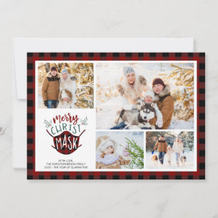 COVID-19 MERRY ChristMASK Buffalo Plaid Red Photo Holiday Card