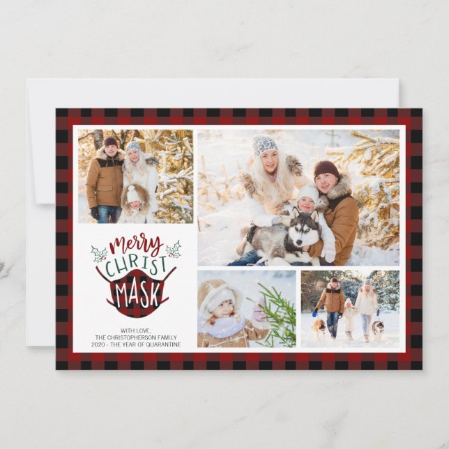 COVID-19 MERRY ChristMASK Buffalo Plaid Red Photo Holiday Card (Front)
