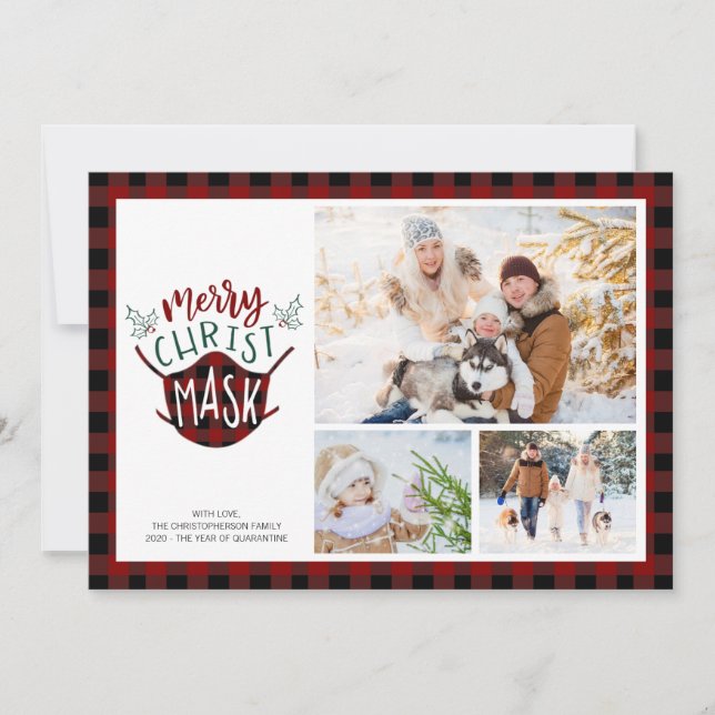 COVID-19 MERRY ChristMASK Buffalo Plaid Red Photo Holiday Card (Front)