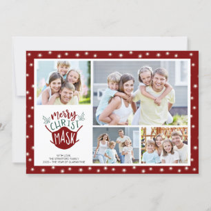 COVID-19 MERRY ChristMASK Fairy Lights 4 Photo Red Holiday Card