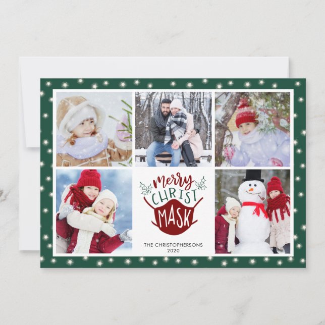 COVID-19 MERRY ChristMASK Fairy Lights 5 Photo Holiday Card (Front)