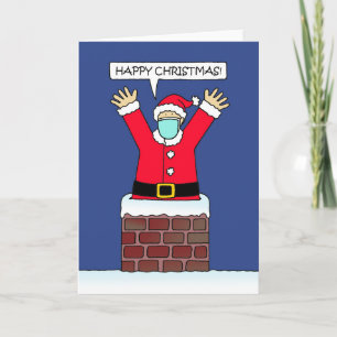 Covid 19 Santa Leaping from Chimney in a Face Mask Card