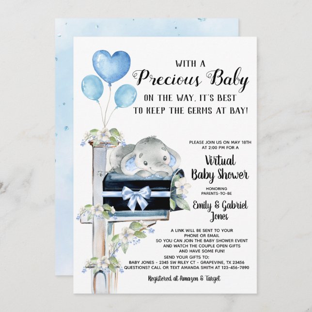 Covid Baby Shower Boy Elephant Invitation (Front/Back)