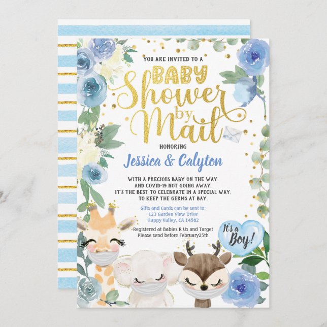 Covid Boy Shower By Mail Pandemic Woodland Animal Invitation (Front/Back)