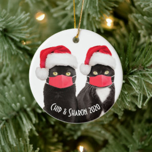 Covid Christmas Cat Couple in Face Masks Custom Ceramic Ornament