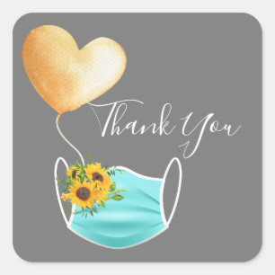 Covid Face Mask & Flowers Thank You Square Sticker