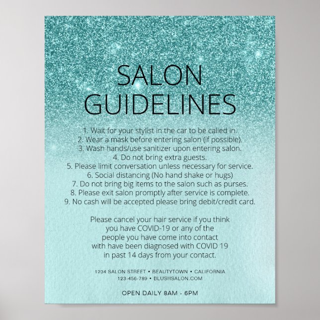 Covid Health Safety Teal Blue Glitter Hair Salon Poster (Front)