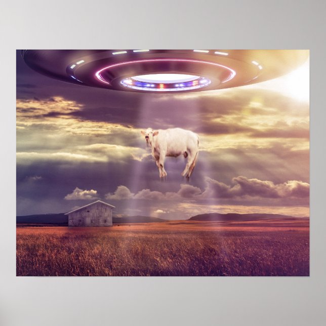 Cow Abducted by Aliens Fantasy Art Poster (Front)