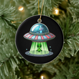 Cow Abducting Alien Ceramic Ornament