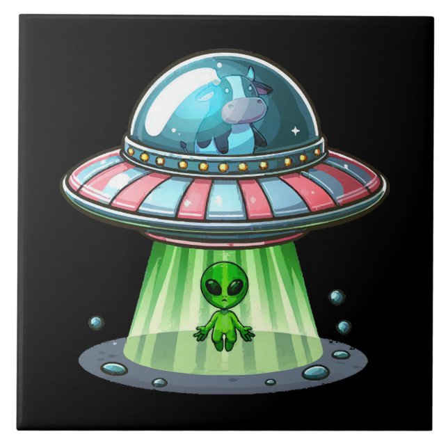 Cow Abducting Alien Ceramic Tile (Front)