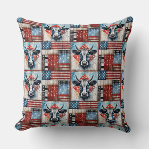 Cow American Flag Folk Art Cushion
