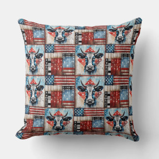 Cow American Flag Folk Art Cushion