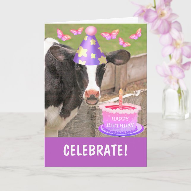 Cow And Cake Happy Birthday Card (Orchid)
