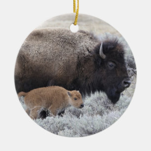 Cow and Calf Bison, Yellowstone 2 Ceramic Ornament