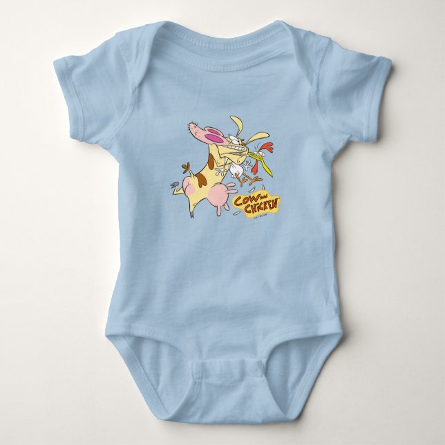 Cow and Chicken Hug Graphic Baby Bodysuit (Front)