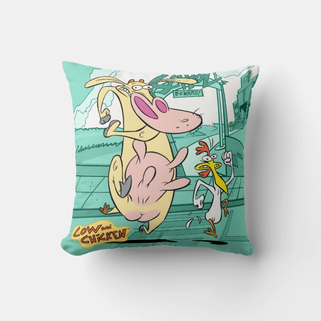 Cow and Chicken Running Graphic Cushion (Front)