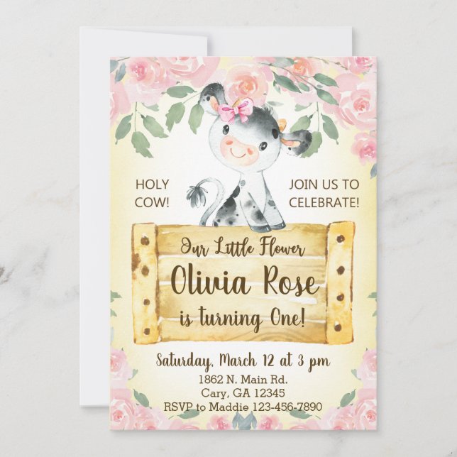 Cow and roses girl 1st first birthday Invitation. Invitation (Front)