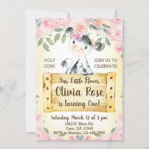 Cow and roses girl 1st first birthday Invitation. Invitation