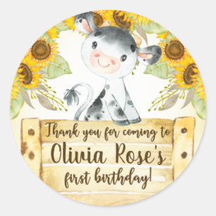 Cow and sunflowers girl birthday circle sticker. c classic round sticker
