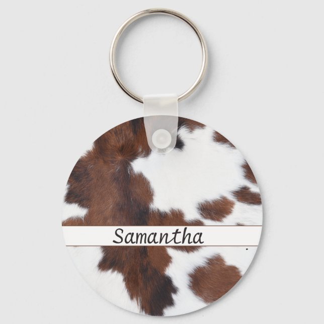 Cow Animal Brown Print Name Key Ring (Front)