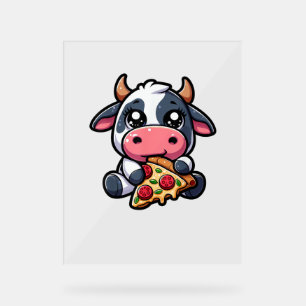 Cow Animal Eating Pizza Margherita Meal Foodies _4 Acrylic Sign