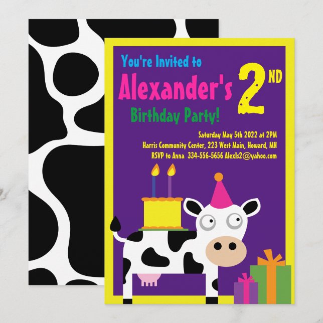 Cow Animal Kid's Birthday Party Invitations (Front/Back)