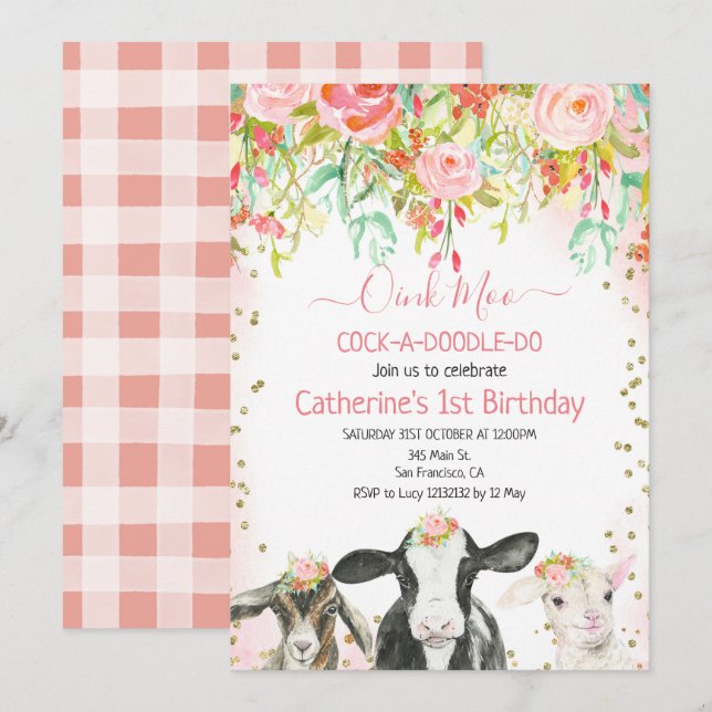 Cow Animal Oink Moo Cockadoodle Doo Birthday   Invitation (Front/Back)