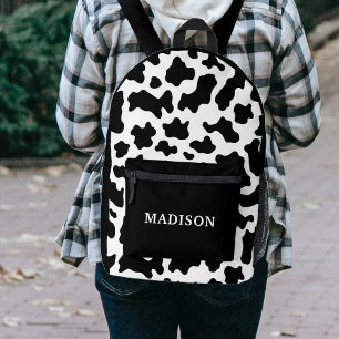Cow Animal Print Spotted Black & White Name Printed Backpack