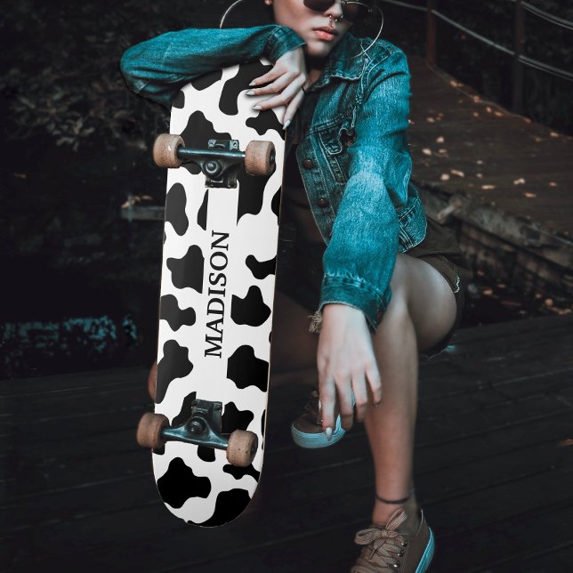 Cow Animal Print Spotted Black & White Name Skateboard (Cow Animal Print Spotted Black & White Name Skateboard)