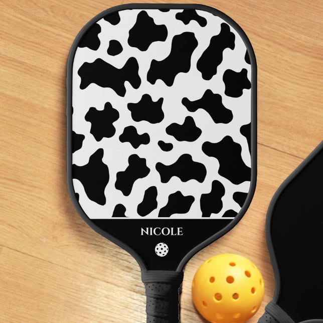 Cow Animal Print Spotted Pattern Black & White Pickleball Paddle (cow print pickleball paddle)