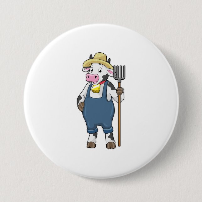 Cow as Farmer with Pitchfork 7.5 Cm Round Badge (Front)