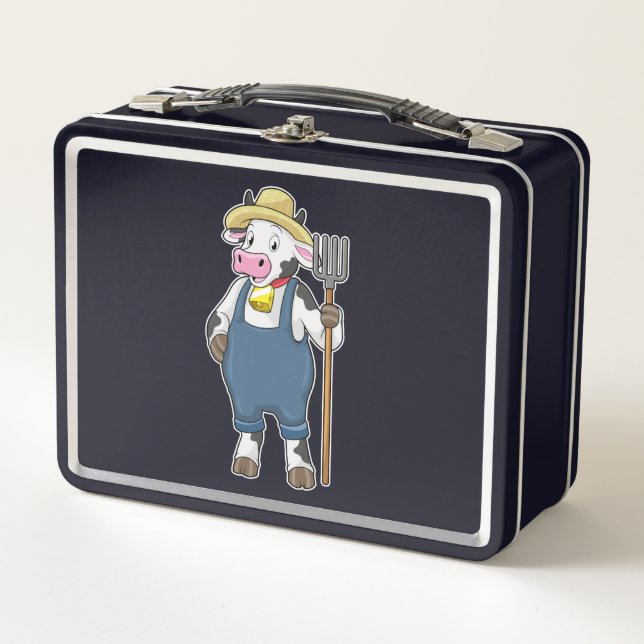 Cow as Farmer with Pitchfork Metal Lunch Box (Front)