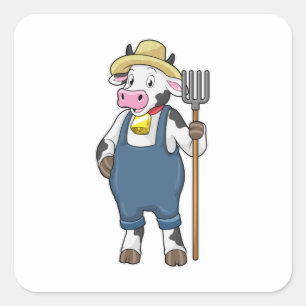 Cow as Farmer with Pitchfork Square Sticker