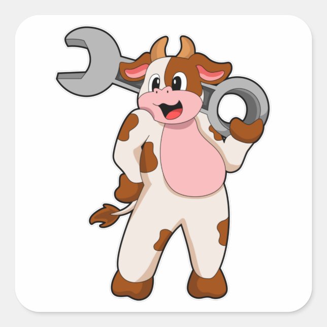 Cow as Mechanic with Wrench Square Sticker (Front)