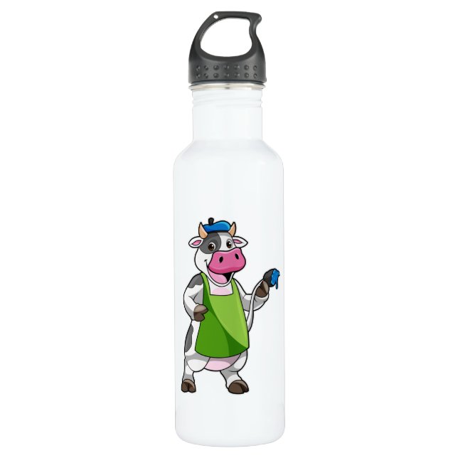 Cow as Painter with Paint & Apron 710 Ml Water Bottle (Front)