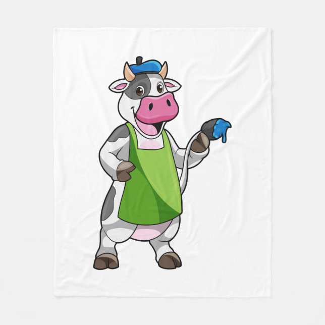Cow as Painter with Paint & Apron Fleece Blanket (Front)