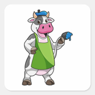 Cow as Painter with Paint & Apron Square Sticker