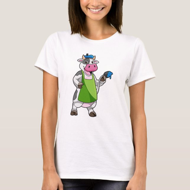 Cow as Painter with Paint & Apron T-Shirt (Front)