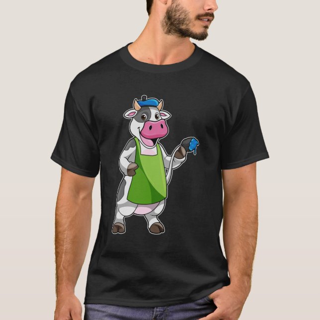 Cow as Painter with Paint & Apron T-Shirt (Front)