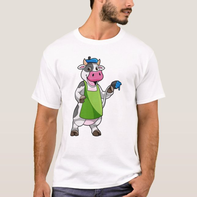 Cow as Painter with Paint & Apron T-Shirt (Front)